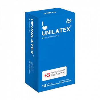 Презервативы Unilatex, natural plain, гладкие, классические, 19 см, 5,4 см, 12 + 3 шт.