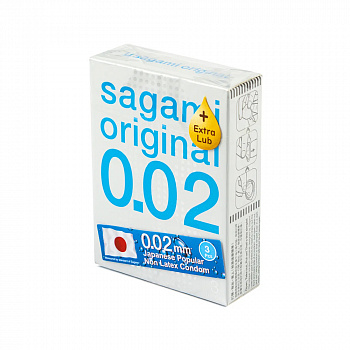 Презервативы Sagami, original 0.02, extra lub, полиуретан, 19 см, 3 шт.